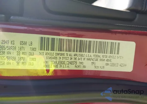 2020 Jeep Grand Cherokee Limited X 4X2 из США, поврежденный, VIN 1C4RJEBG6LC246579